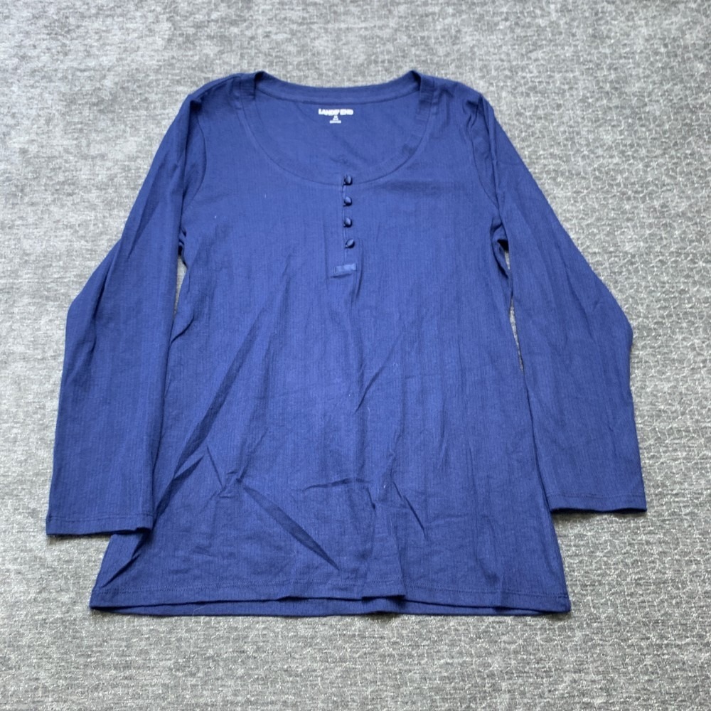 lands' End Shirt Women Medium 10-12 Blue Henley Neck Four Button Placket Classic